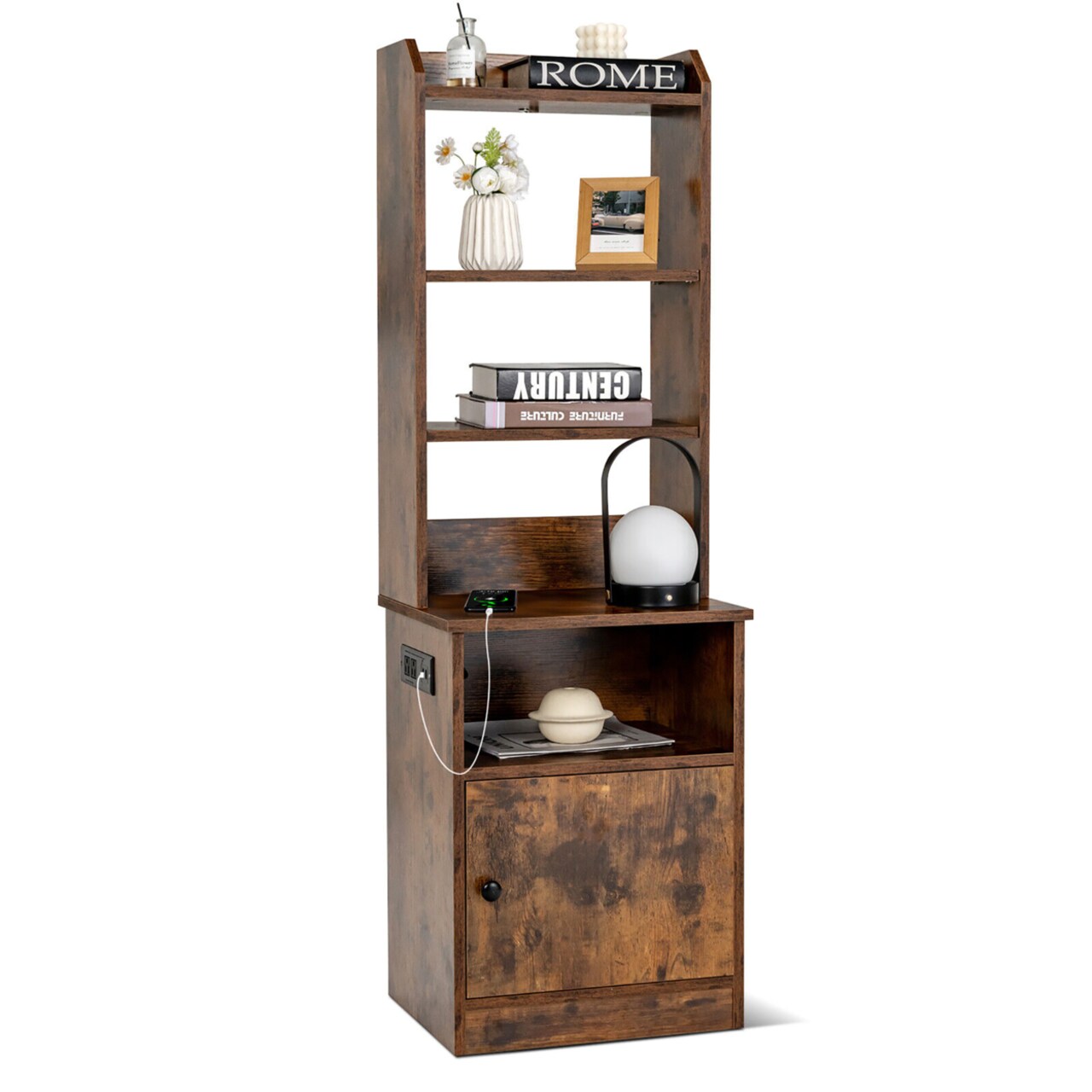 Gymax Nightstand Bedside End Side Table Bookshelf w/ Charging Station